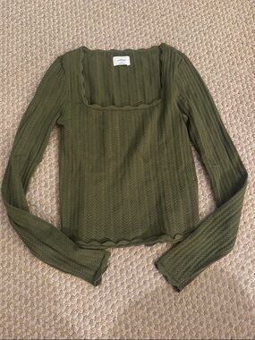 Aritzia Olive Green Scalloped Square-Neck Knit Top